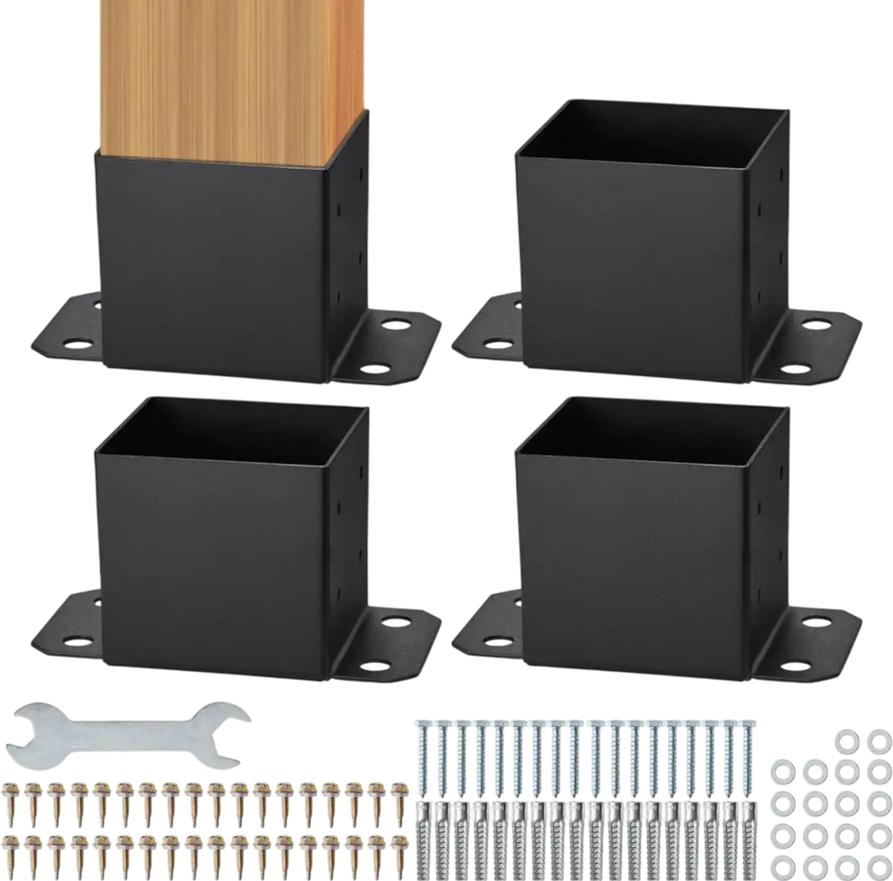 VEVOR 6x6 Post Base 4 Pcs, Inner Size 5.6"x5.6" Post Base Brackets, Heavy Duty Powder-Coated Post Anchor Matte Black Wood Post Brackets for Pavilion Deck Railing Support Deck Base Plate
