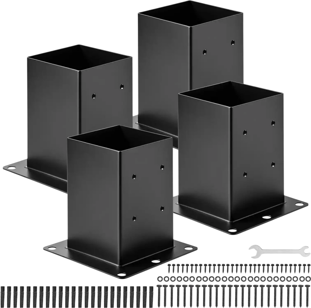 VEVOR 6x6 Post Base 4 Pcs, Inner Size 5.6x5.6 inch / 142x142 mm Post Brackets, Heavy Duty Carbon Steel Decking Posts, Wood Posts Brackets for Pavilion Deck Railing Support Deck Base Plate, Black