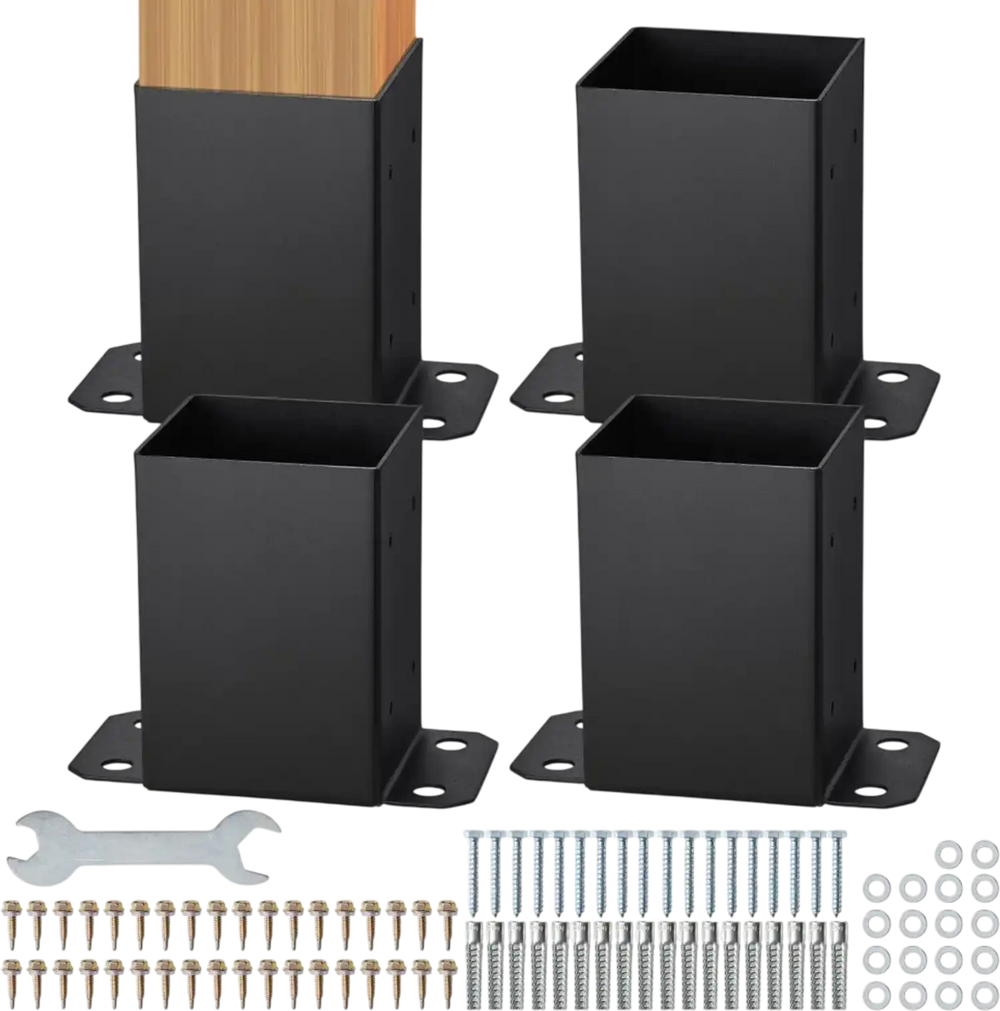 VEVOR 4x4 Post Base 4 Pcs, Inner Size 3.6"x3.6" Post Base Brackets, Heavy Duty Powder-Coated Post Anchor Matte Black Wood Post Brackets for Pavilion Deck Railing Support Deck Base Plate