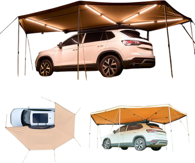 VEVOR 270 Degree Awning with Bulit-in LED Lights, 117 sq.ft Driver Side Vehicle Awning, Waterproof UV50+ Car Side Awnings, All-Weather Free-Standing Overland Awnings Car Shelter for SUV Truck Camping