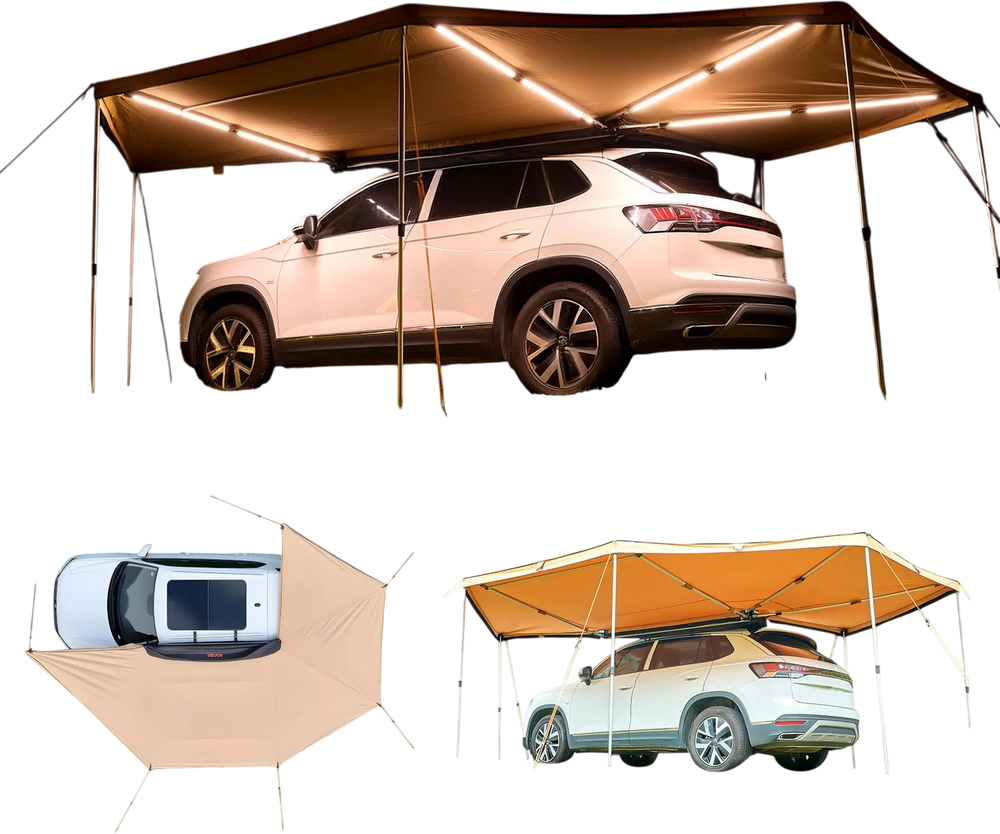 VEVOR 270 Degree Awning with Bulit-in LED Lights, 133 sq.ft Driver Side Vehicle Awning, Waterproof UV50+ Car Side Awnings, All-Weather Free-Standing Overland Awnings Car Shelter for SUV Truck Camping