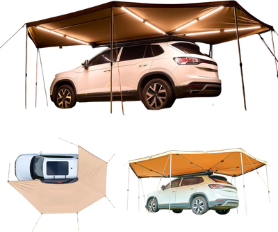 VEVOR 270 Degree Awning with Bulit-in LED Lights, 133 sq.ft Driver Side Vehicle Awning, Waterproof UV50+ Car Side Awnings, All-Weather Free-Standing Overland Awnings Car Shelter for SUV Truck Camping