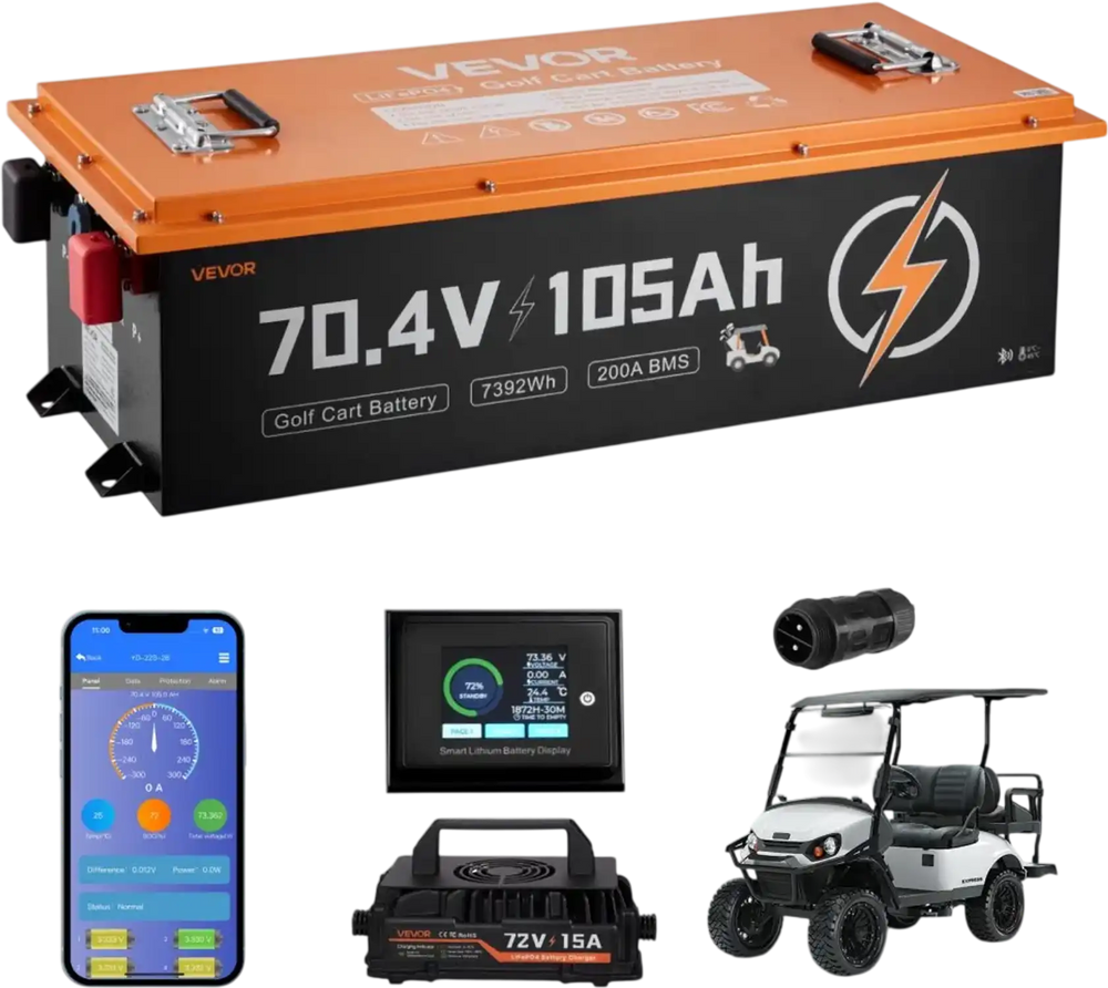 VEVOR 72V (70.4V) 105AH Lithium Golf Cart Battery, with 15A Charger, Lifepo4 Battery Kit, Built-in 200A BMS, with Bluetooth & Touch Monitor, 2C Discharge, 4000 Cycles, for Golf Carts, Trolling Motors