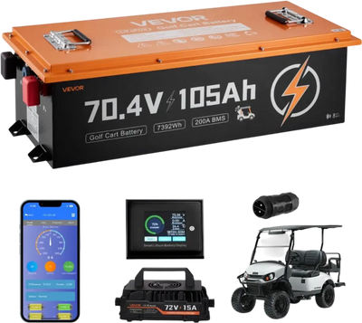 VEVOR 72V (70.4V) 105AH Lithium Golf Cart Battery, with 15A Charger, Lifepo4 Battery Kit, Built-in 200A BMS, with Bluetooth & Touch Monitor, 2C Discharge, 4000 Cycles, for Golf Carts, Trolling Motors