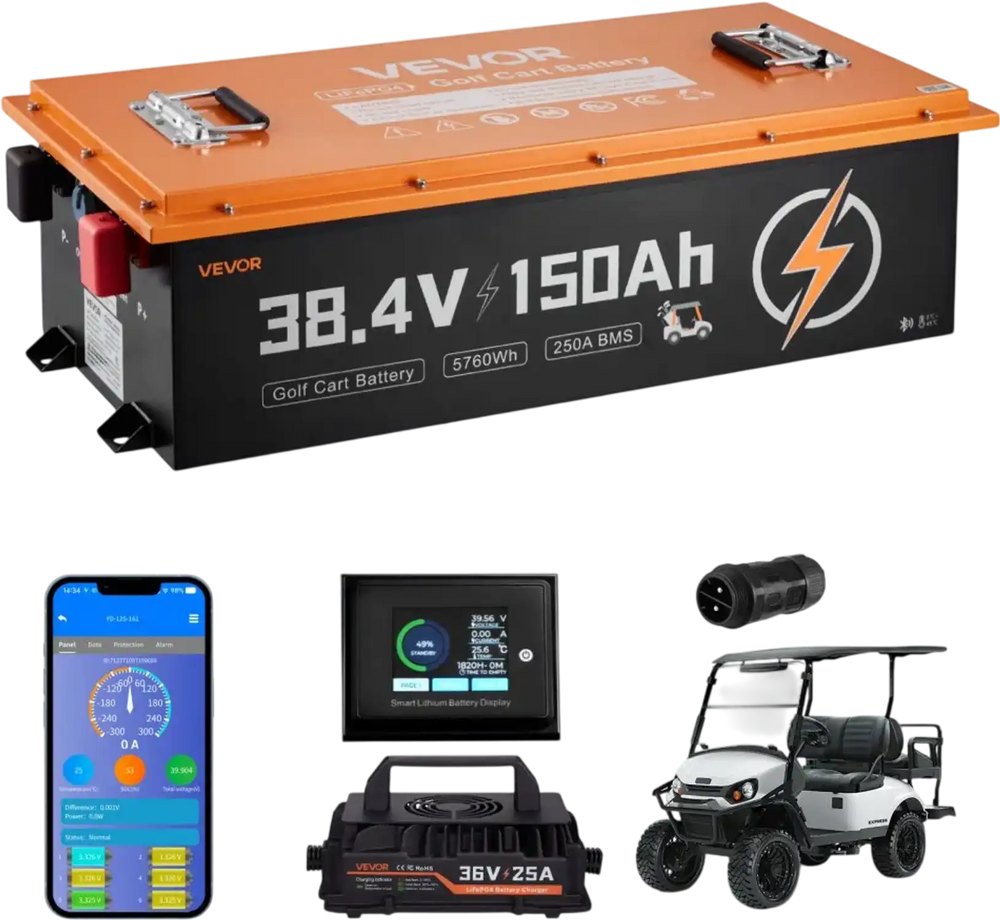 VEVOR 36V (38.4V) 150AH Lithium Golf Cart Battery, with 25A Charger, Lifepo4 Battery Kit, Built-in 250A BMS, with Bluetooth Mobile APP & Touch Monitor, 4000 Cycles, for Golf Carts, Trolling Motors