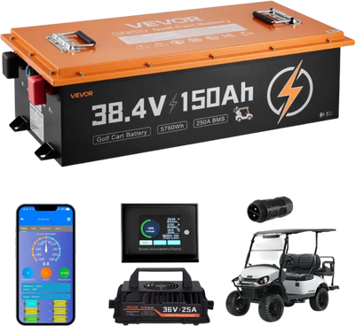 VEVOR 36V (38.4V) 150AH Lithium Golf Cart Battery, with 25A Charger, Lifepo4 Battery Kit, Built-in 250A BMS, with Bluetooth Mobile APP & Touch Monitor, 4000 Cycles, for Golf Carts, Trolling Motors