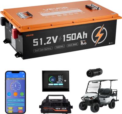 VEVOR 48V (51.2V) 150AH Lithium Golf Cart Battery, with 20A Charger, Lifepo4 Battery Kit, Built-in 250A BMS, with Bluetooth & Touch Monitor, 2C Discharge, 4000 Cycles, for Golf Carts, Trolling Motors