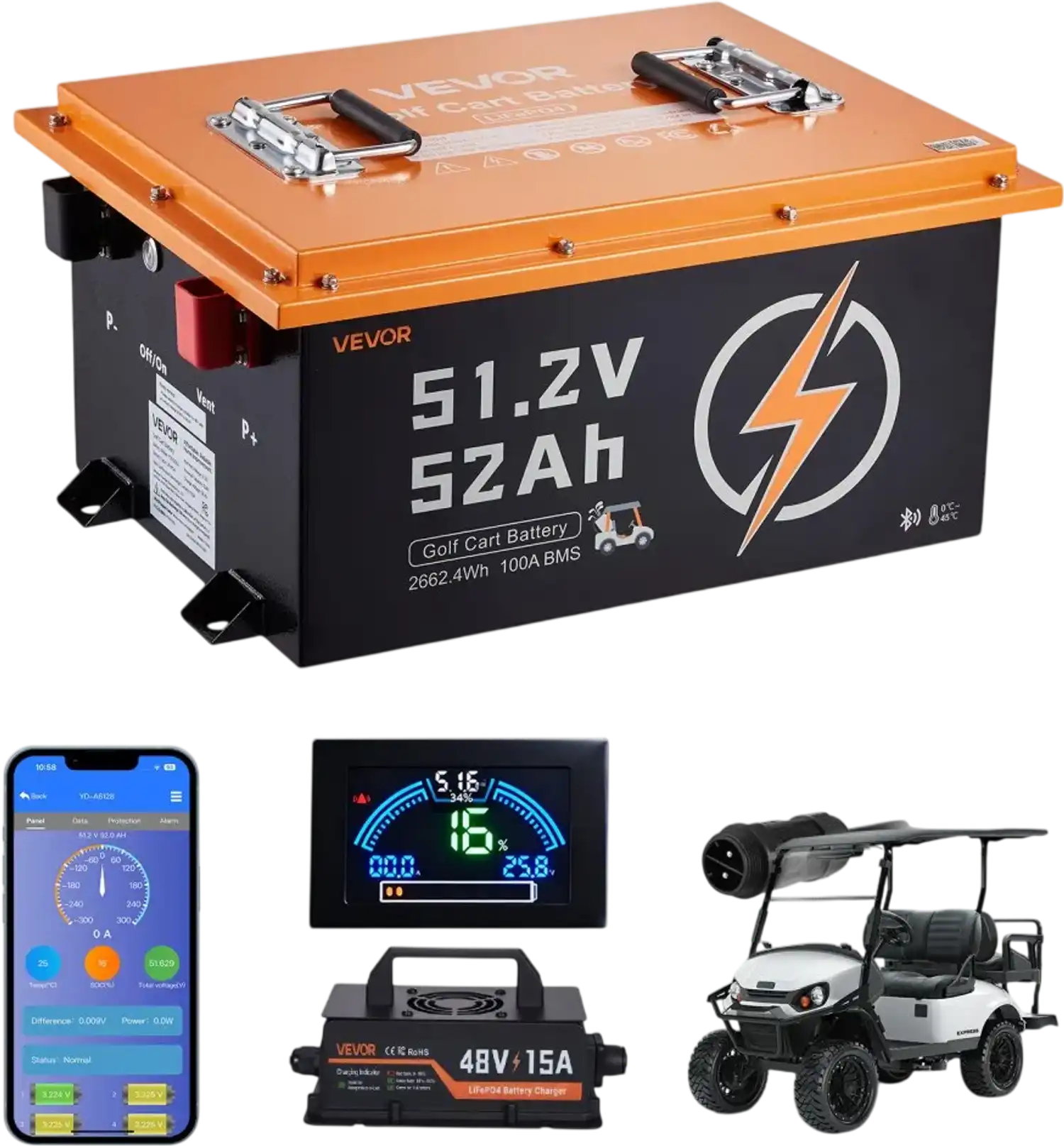 Vevor Golf Cart Battery 48V 52Ah LiFePO4 with 15A Charger New