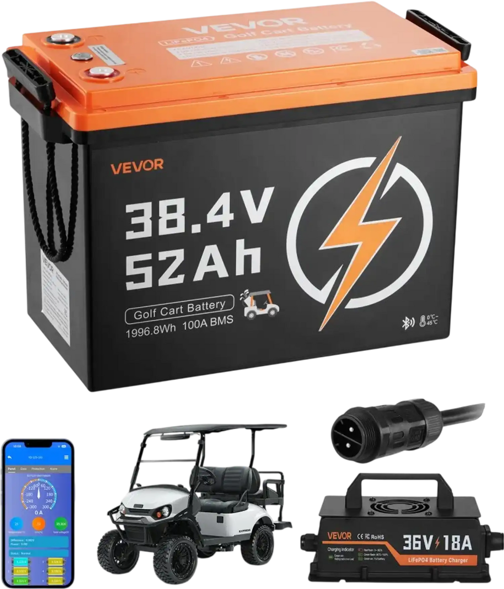 VEVOR 36V (38.4V) 52AH Lithium Golf Cart Battery, with 18A Charger, Lifepo4 Battery Kit, Built-in 100A BMS, 4000 Cycles, 2C Discharge Rate, Bluetooth & Mobile APP, for Golf Carts, Trolling Motors
