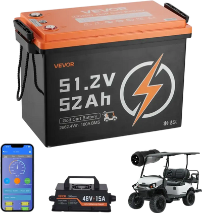 VEVOR 48V (51.2V) 52AH Lithium Golf Cart Battery, with 15A Charger, Lifepo4 Battery Kit, Built-in 100A BMS, 4000 Cycles, 2C Discharge Rate, Bluetooth & Mobile APP, for Golf Carts, Trolling Motors