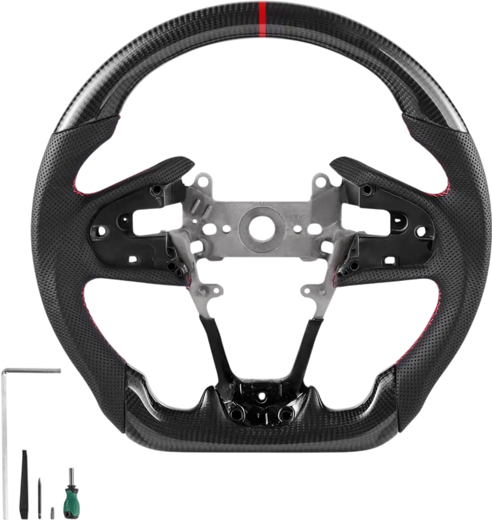 VEVOR Steering Wheel for 2016-2021 Honda Civic, Carbon Fiber Steering Wheel D-Shaped Flat-Bottom, Leather Grip with Non-Slip Texture & Precise Stitching, Accessories Replacement for Honda Civic, Black
