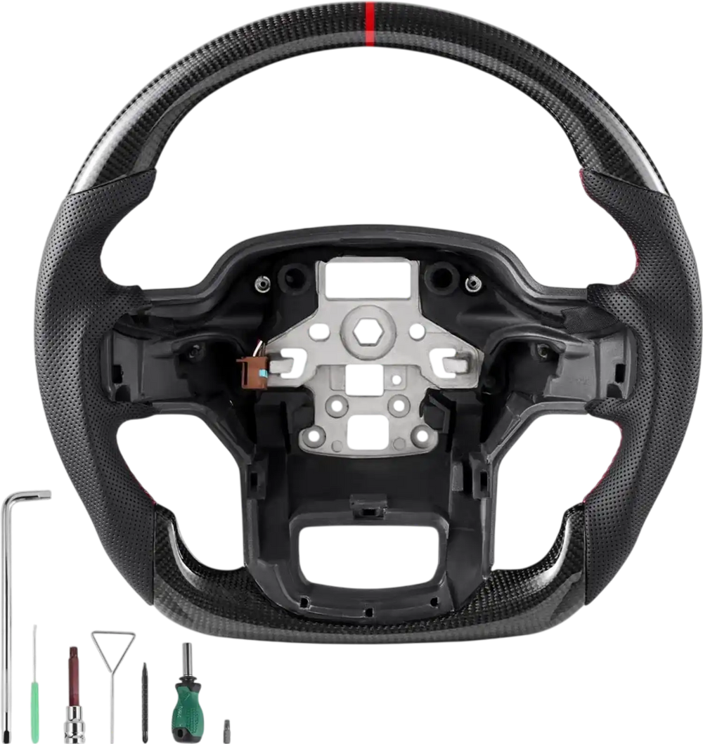 VEVOR Steering Wheel for 2021-2024 Ford F150, Carbon Fiber Steering Wheel D-Shaped Flat-Bottom with Heating Function, Leather Grip with Non-Slip Texture, Accessories Replacement for Ford F150, Black