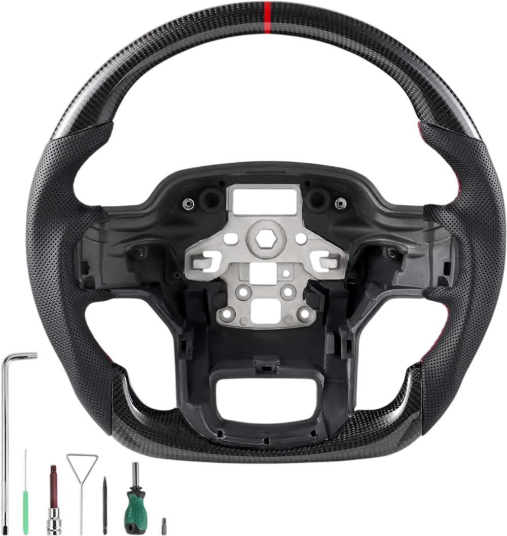 VEVOR Steering Wheel for 2021-2024 Ford F150, Carbon Fiber Steering Wheel D-Shaped Flat-Bottom, Leather Grip with Non-Slip Texture & Precise Stitching, Accessories Replacement for Ford F150, Black