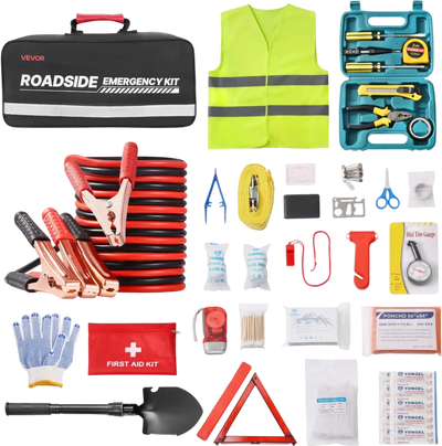 VEVOR Car Emergency Kit, 2-in-1 First Aid Kit with Jumper Cables, Essential Roadside Emergency Car Kits for Vehicle, Travel and Home, 31-Piece Auto Road Side Assistance Tools with Medical Aid Kits
