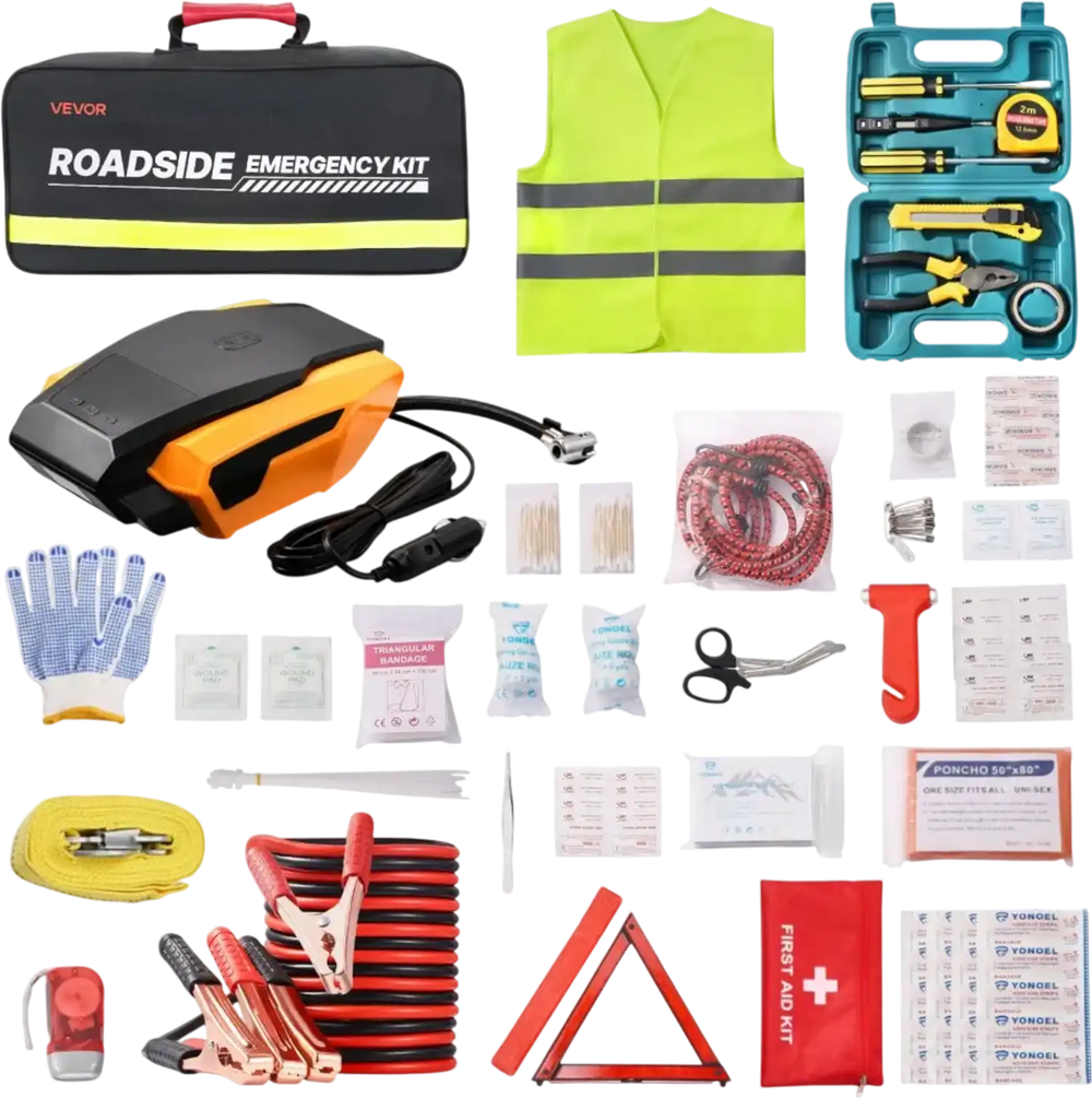 VEVOR Car Emergency Kit, 2-in-1 First Aid Kit with Jumper Cables, Essential Roadside Emergency Car Kits for Vehicle, Travel and Home, 32-Piece Auto Road Side Assistance Tools with Medical Aid Kits
