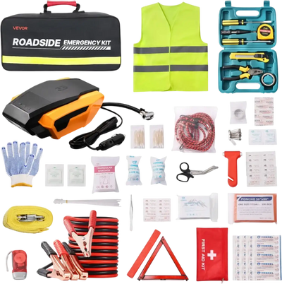VEVOR Car Emergency Kit, 2-in-1 First Aid Kit with Jumper Cables, Essential Roadside Emergency Car Kits for Vehicle, Travel and Home, 32-Piece Auto Road Side Assistance Tools with Medical Aid Kits