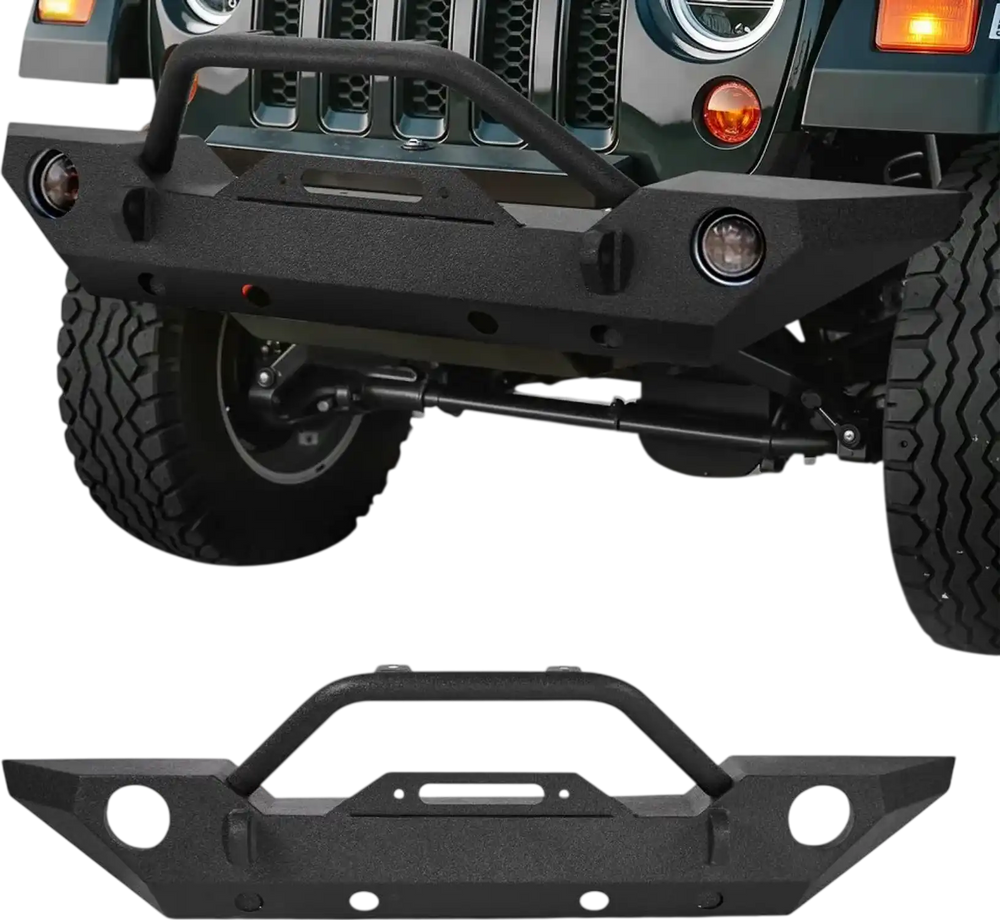 VEVOR Front Bumper Compatible with 2007-2018 Wrangler JK/JKU - with Winch Plate, D-Ring Mounts & Fog Light Housing, Heavy-Duty Steel Front Bumper with E-Coating