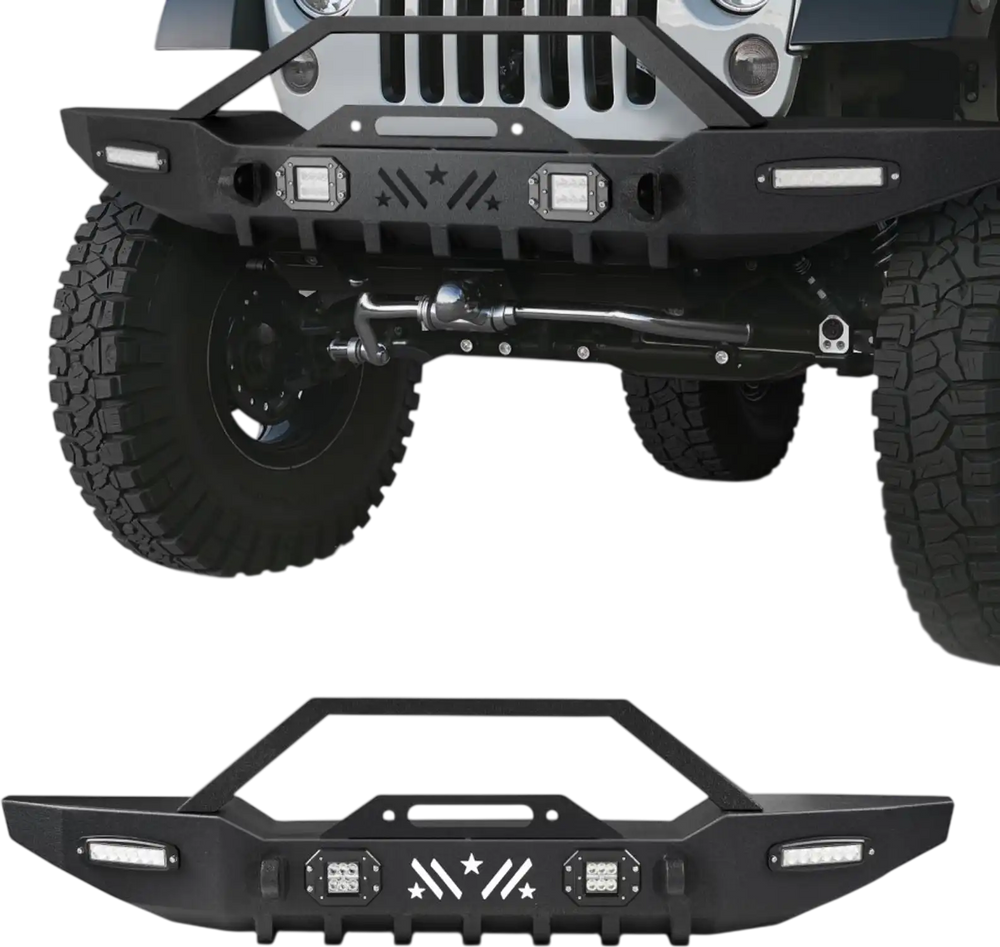 VEVOR Front Bumper Compatible with 1987-2006 Jeep Wrangler YJ TJ, Heavy-Duty Steel Front Bumper with 2PCS LED Light Bars, 2PCS LED Work Lights, Winch Plate & D-Rings Mounts