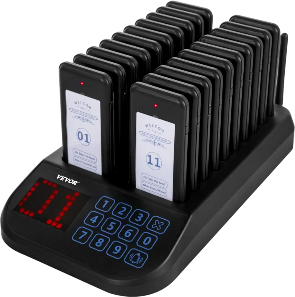 VEVOR F103 Restaurant Pager System 20 Pagers, Max 98 Beepers Wireless Calling System, Touch Keyboard with Vibration, Flashing and Buzzer for Church, Nurse,Hospital & Hotel