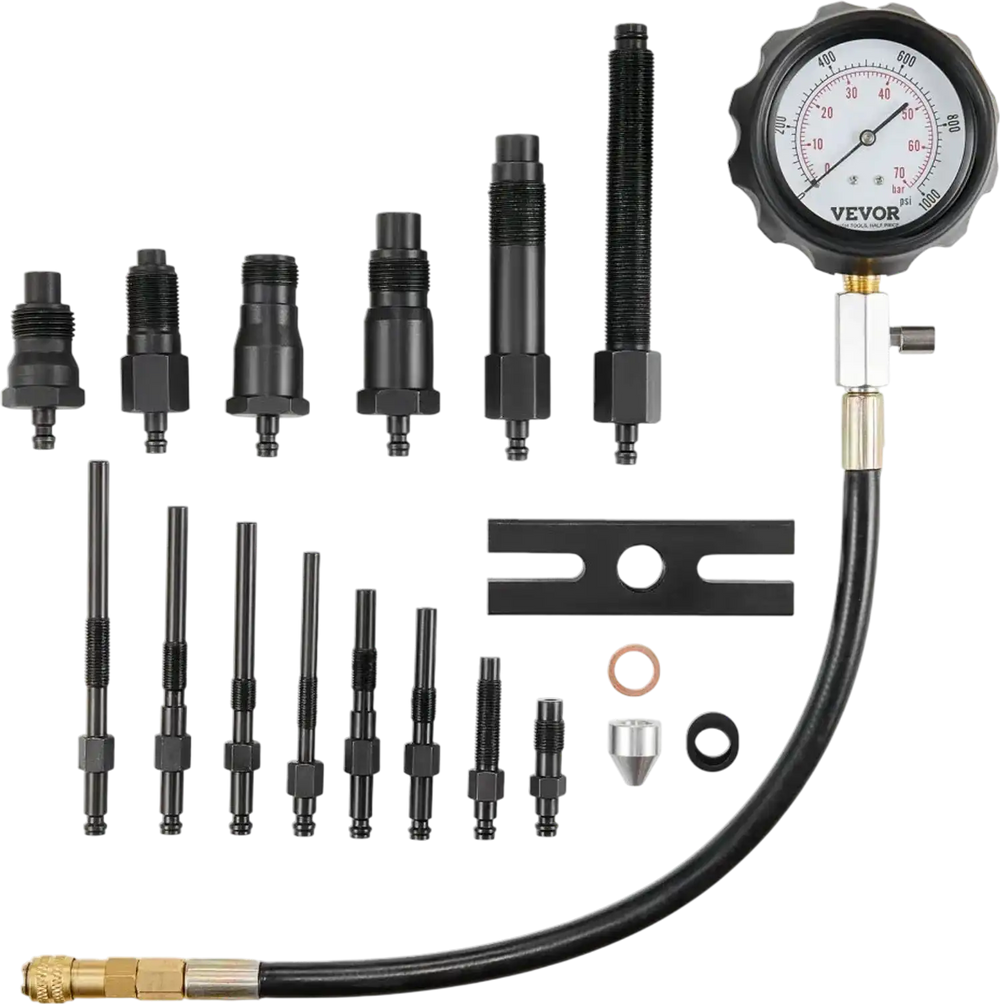VEVOR Diesel Engine Compression Tester, 18 pcs Cylinder Pressure Test Tool Kit, with 0-1000 psi Gauge and Adapters, Diesel Injector Tester Check Cylinders in Diesel Trucks, Tractors, Equipment