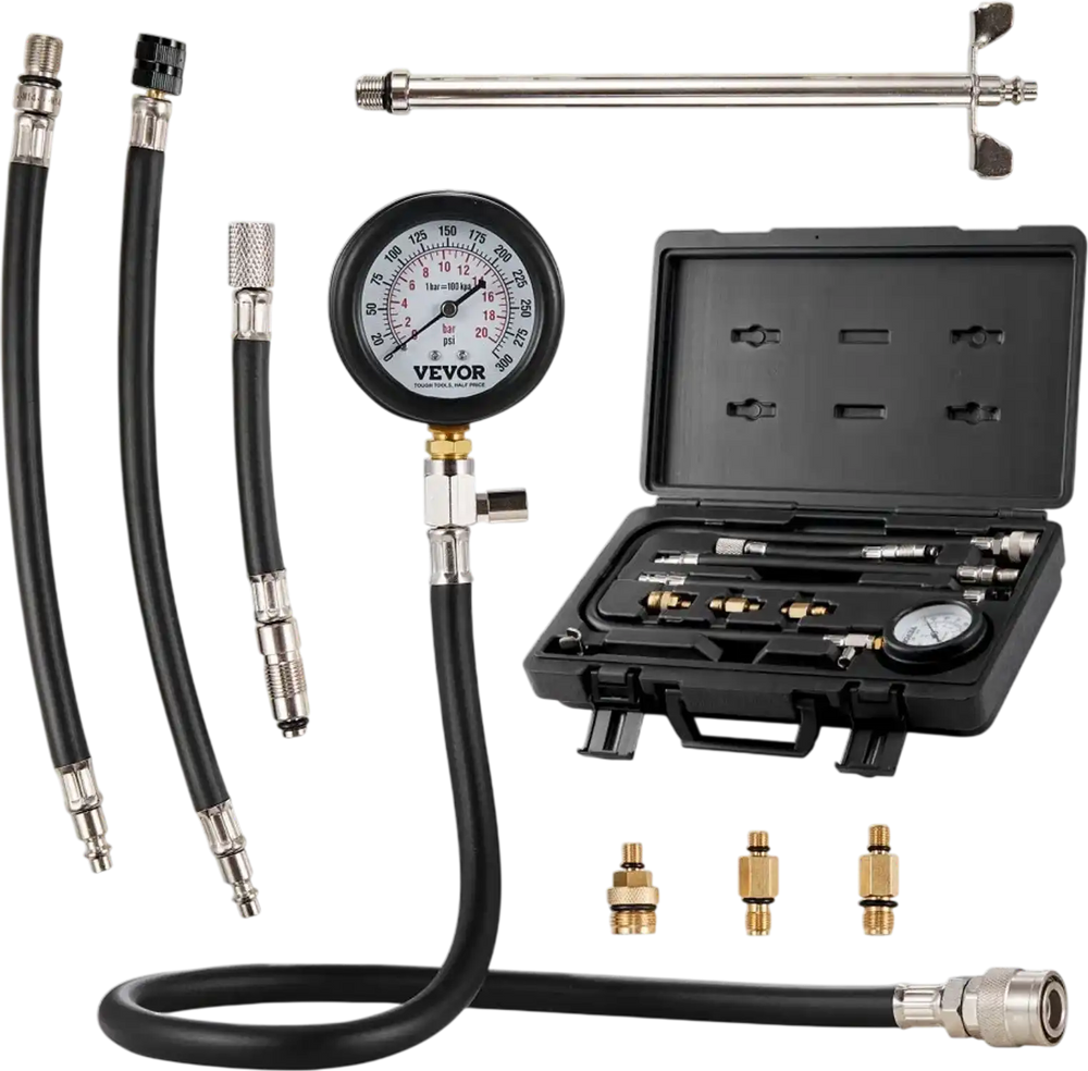 VEVOR Compression Tester Adapter Kit, 9 Pcs Automotive Engine Cylinder Leak Down Compression Test, Accurate Dual Scale Pressure Gauge 0-300 psi, with Long Reach Hoses and Case for Engine Cylinders