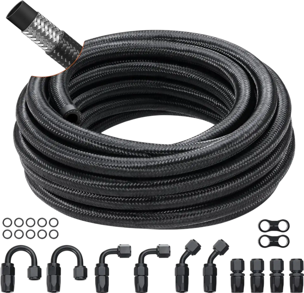 VEVOR 8AN Fuel Line Kit, 20 FT Fuel Hose Kit, 0.43" Nylon Stainless Steel Braided Fuel Line Oil/Gas/Diesel Hose End Fitting Kit, with 12 PCS Swivel Fitting Adapter Kit, Black