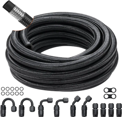 Vevor Fuel Line Kit 20' 8AN Braided Nylon Stainless Steel Hose with 12-Pc Swivel Fittings Black New