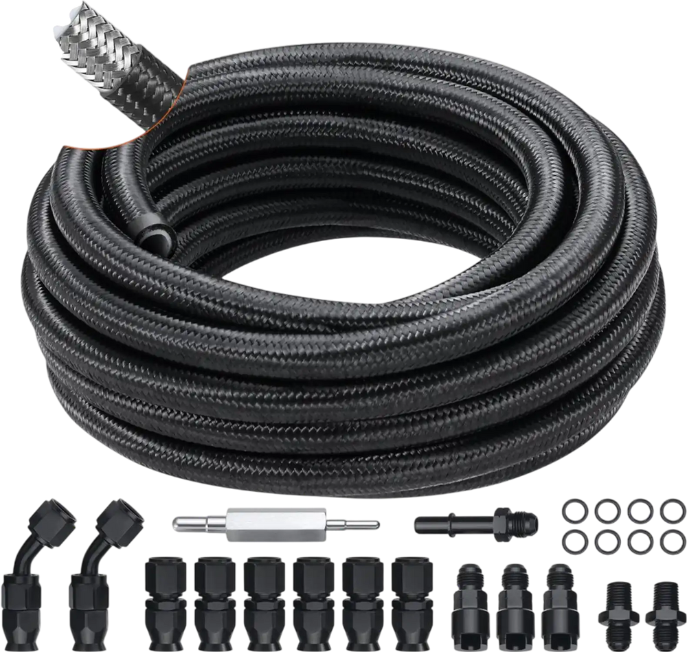 VEVOR 6AN Fuel Line Kit, 25 FT Fuel Hose Kit, 5/16" Nylon Stainless Steel Braided PTFE Fuel Line Kit, E85/Oil/Gas/Diesel Hose End Fitting Kit, with 15 PCS Swivel Fitting Adapter Kit, Black