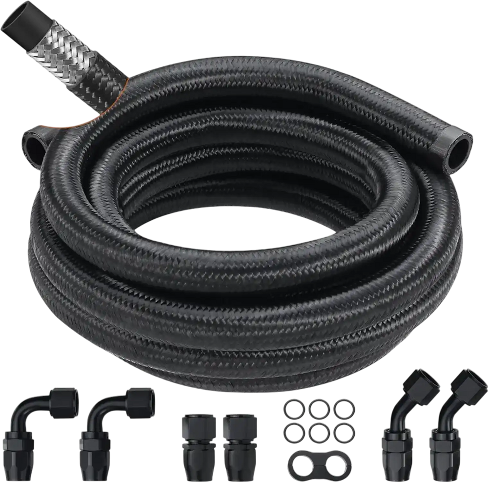 VEVOR 10AN Fuel Line Kit, 10 FT Fuel Hose Kit, 0.55" Nylon Stainless Steel Braided Fuel Line Oil/Gas/Diesel Hose End Fitting Kit, with 7 PCS Swivel Fitting Adapter Kit, Black