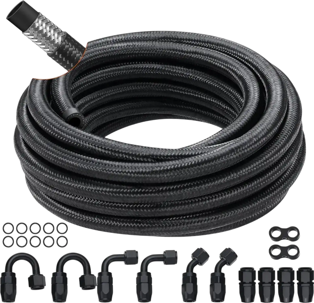 VEVOR 6AN Fuel Line Kit, 20 FT Fuel Hose Kit, 0.34" Nylon Stainless Steel Braided Fuel Line Oil/Gas/Diesel Hose End Fitting Kit, with 12 PCS Swivel Fitting Adapter Kit, Black