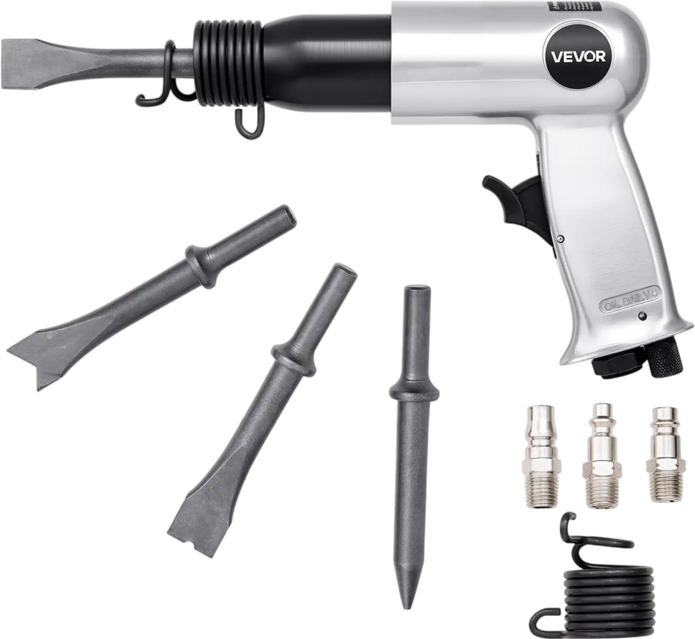 VEVOR Air Hammer, 3500BPM Pneumatic Hammer with 2.76 inch Stroke & 4PCS Chisels Round Shank, Pistol-Grip Compact Air Chisel Pneumatic Shovel Tool for Cutting Punching Scraping
