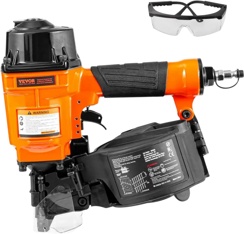 VEVOR Coil Siding Nailer MCN55, 1 inch to 2-1/4 inch 15 Degree Pneumatic Siding Nail Gun, 70-120PSI Air Coil Nailer for Siding, Pallet Sheathing, Fencing, Decking