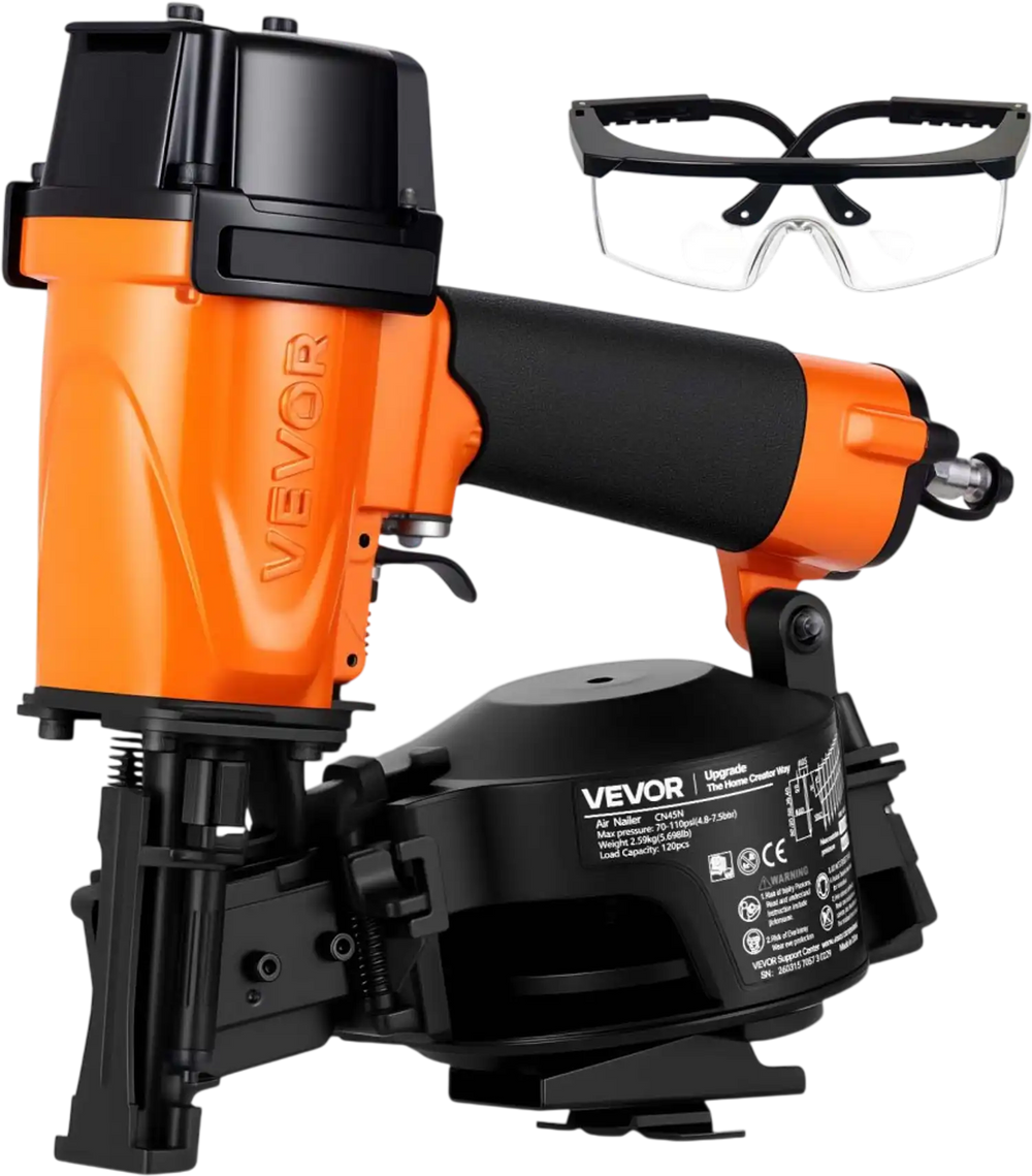 VEVOR Professional Roofing Nailer CN45N, 3/4" to 1-3/4" 15 Degree Air Roofing Nail Gun, 4–5 Nails/S Ultra-Fast Nailing, 70-110 PSI Pneumatic Coil Nailer for Asphalt Shingles, Roof Sheathing