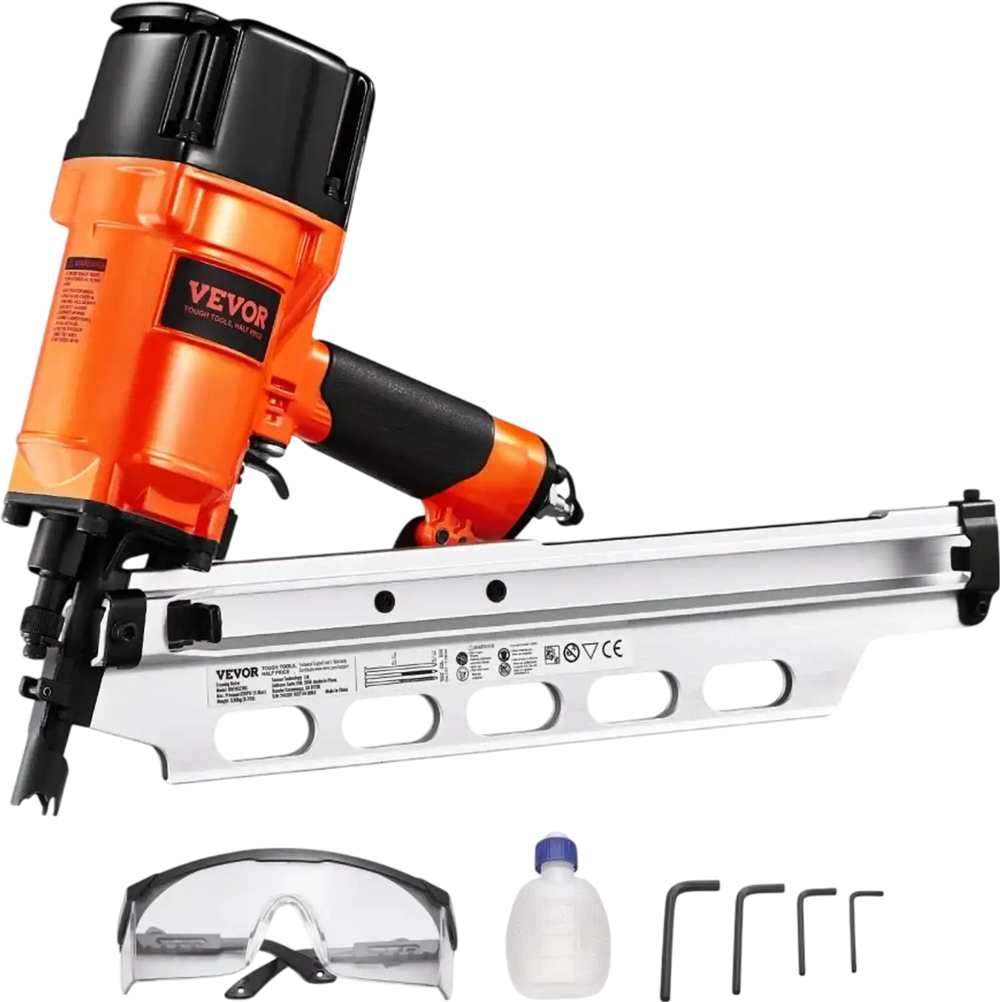VEVOR Framing Nailer, 2" to 3-1/2" 21 Degree Full Round Head Pneumatic Framing Nailer with Dual Trigger Modes & Tool-Less Depth Adjustment, 80-120PSI Pro Air Nail Gun for Framing Flooring Decking