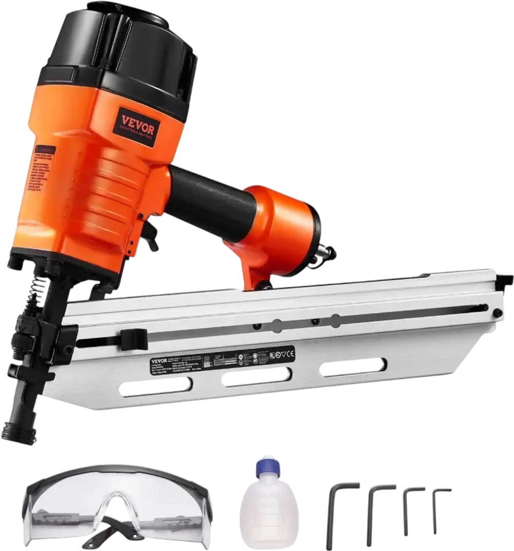 VEVOR Framing Nailer, 80-120PSI Air Nail Gun, 2" to 3-1/2" 21 Degree Full Round Head Pneumatic Framing Nailer with Tool-Less Depth Adjustment & Dual Trigger Modes, Ideal for Framing Decking Flooring