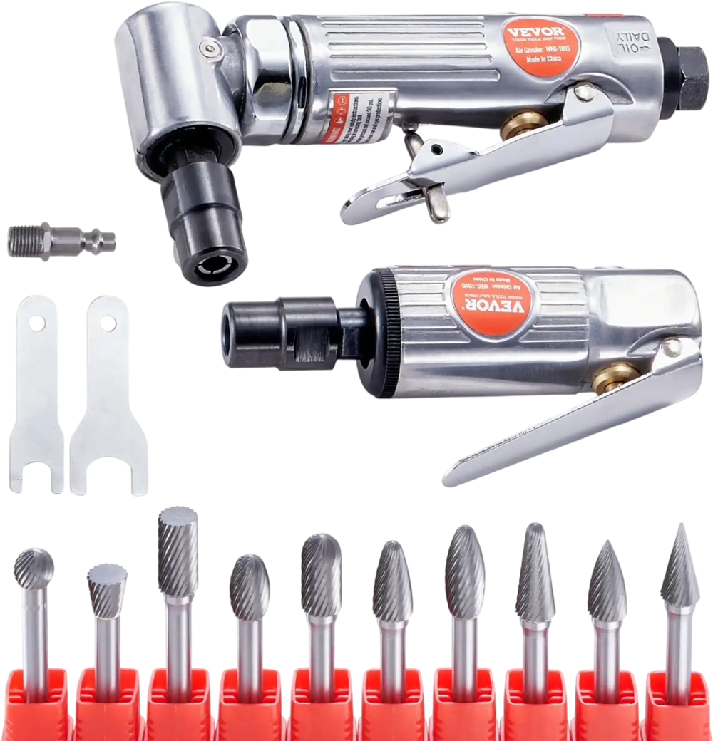 VEVOR Air Die Grinder Kit, Right Angle Grinder w/ Die Grinder Combo & 10PCS Single Cut Carbide Burr Set, Lightweight, Ball Bearing Construction for Grinding, Deburring, Cutting, Polishing