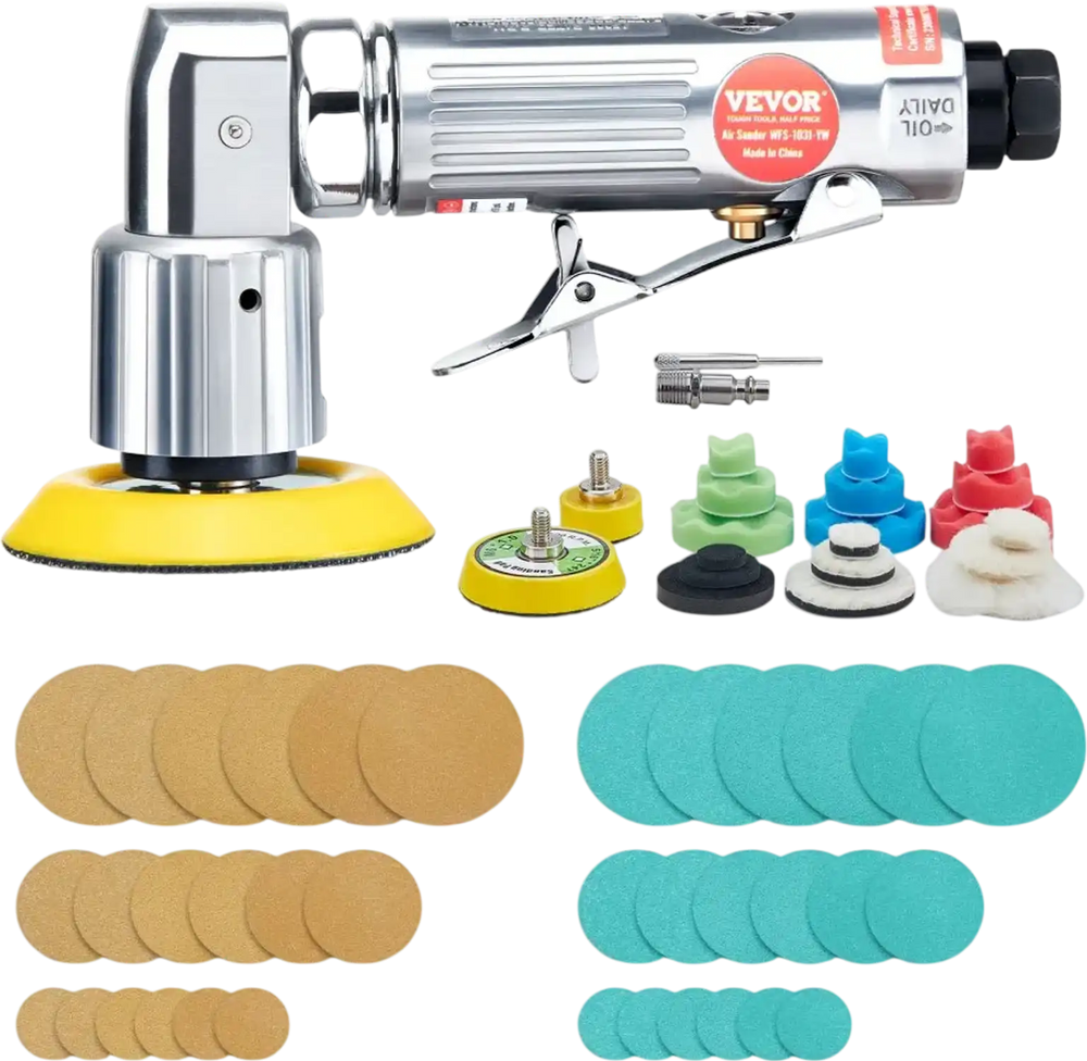 VEVOR 1/2/3 Inch Random Orbital Air Sander, High-Speed 15000RPM Mini Pneumatic Sander for Auto Body Work, 58PCS Air Powered Sander Kit with Sandpapers, Wool Pad, Wavy Sponges