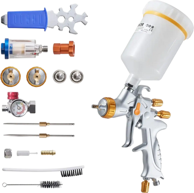 VEVOR HVLP Air Spray Gun, Gravity Feed Paint Sprayer Gun with 3 Nozzles (1.3/1.4/1.7mm), 600ml Capacity Auto Paint Sprayer with Air Regulator for Automotive Primers, Clear Coats & Topcoats