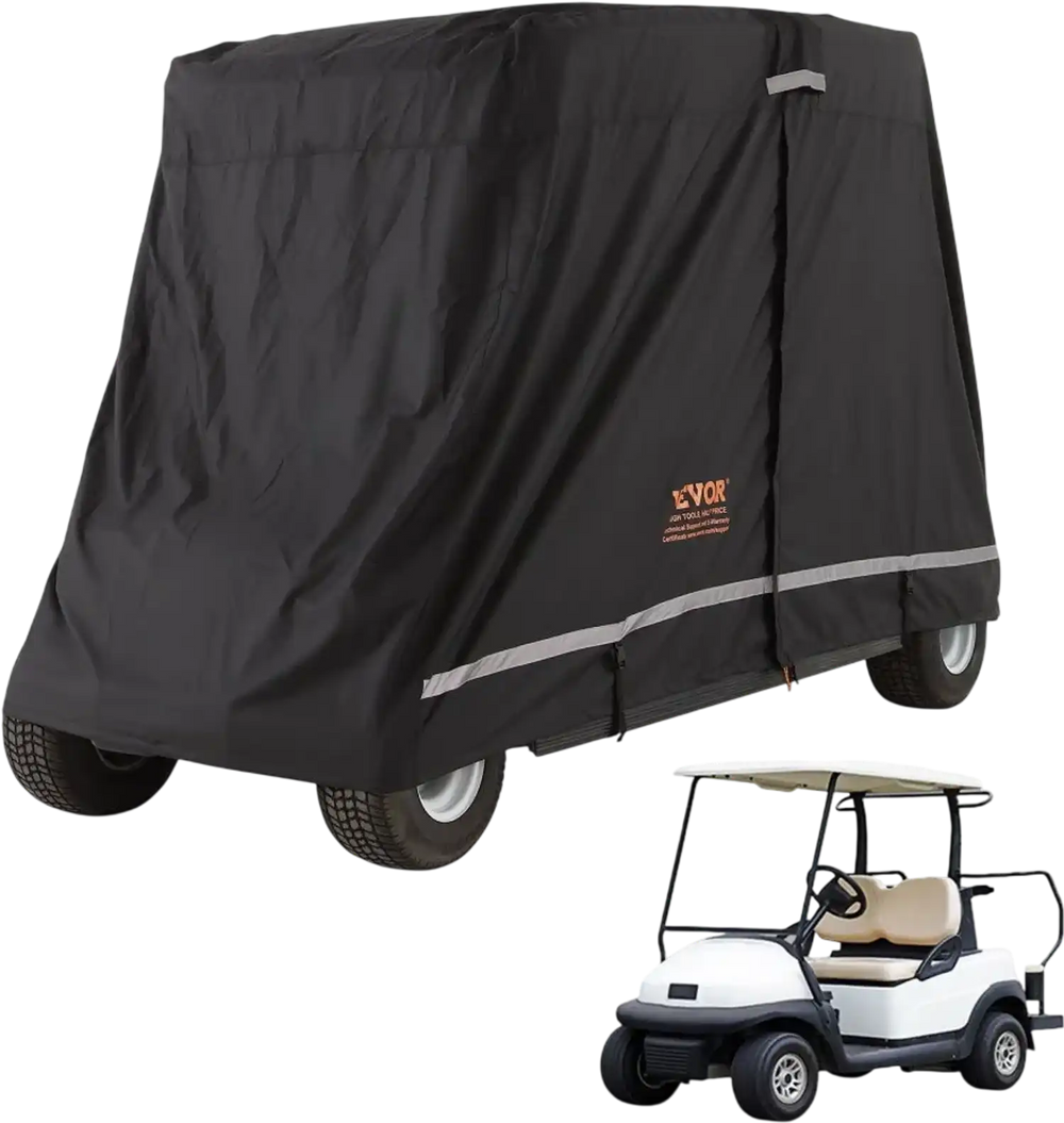 VEVOR 2+2 Passenger Golf Cart Cover, 600D Polyester Full Cover, Suitable for 2+2 Golf Carts, Waterproof, Sunproof, and Dustproof Outdoor Golf Cart Cover with Three Zipper Doors, Black