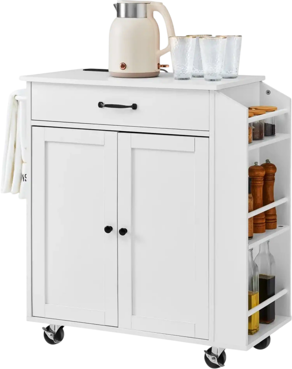 VEVOR Kitchen Island Cart, 32" Mobile Carts with Storage Cabinet, Rolling Table with Power Outlet, Spice Rack, Towel Bar, Adjustable Shelf, Drawer, Dining Living Room Portable Islands on Wheels, White