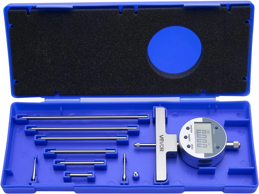 VEVOR Depth Gauge, Depth Micrometer Digital Electronic Indicator 0-22 inch Measuring Range, 0.0005" Resolution, Precision Unit Conversion with 4 Anvils, Measuring Tool for Groove, Step, Hole