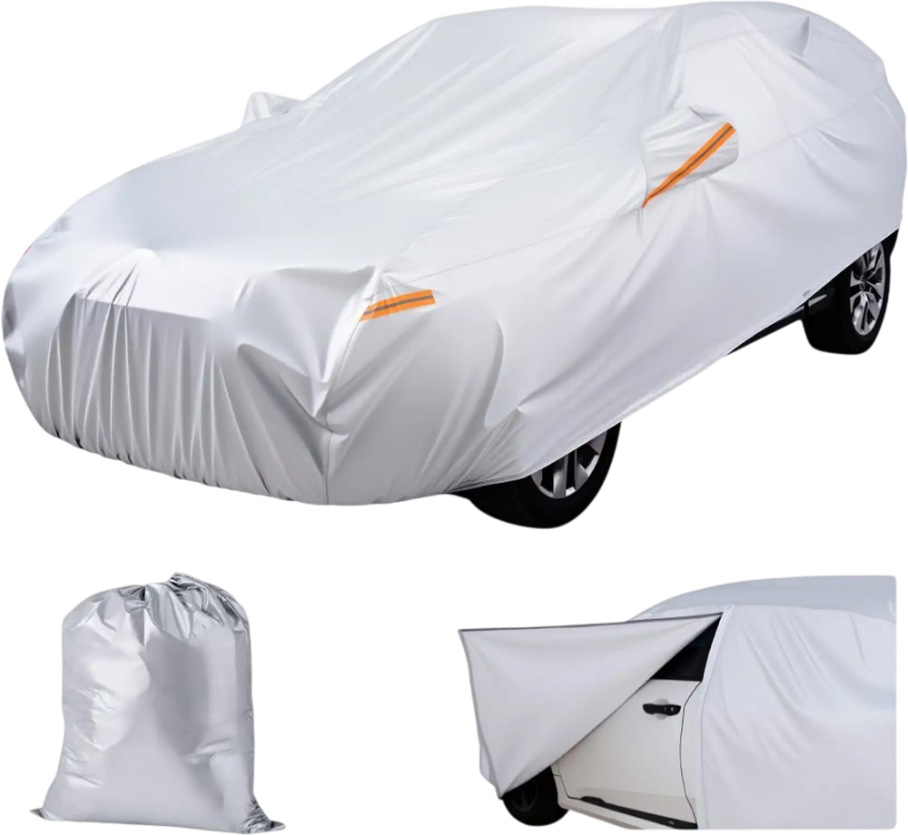 VEVOR Car Cover, Car Cover Waterproof for Dodge Challenger Full Size Sedan, Custom-fit All Weather Sun Rain Wind Dust Snow Protection Full Exterior Covers with Door Zipper and Cotton Lining, Silver