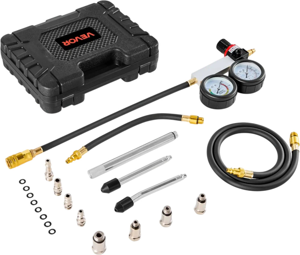 VEVOR Engine Cylinder Compression Tester Kit, Pressure Gauge Range of 0-100 PSI, Automotive Leak Down Tester Kit with 4 Adapters, 2 Metal Tubes, Pressure Check & Leakage Rate Test on Cars, Motorcycles