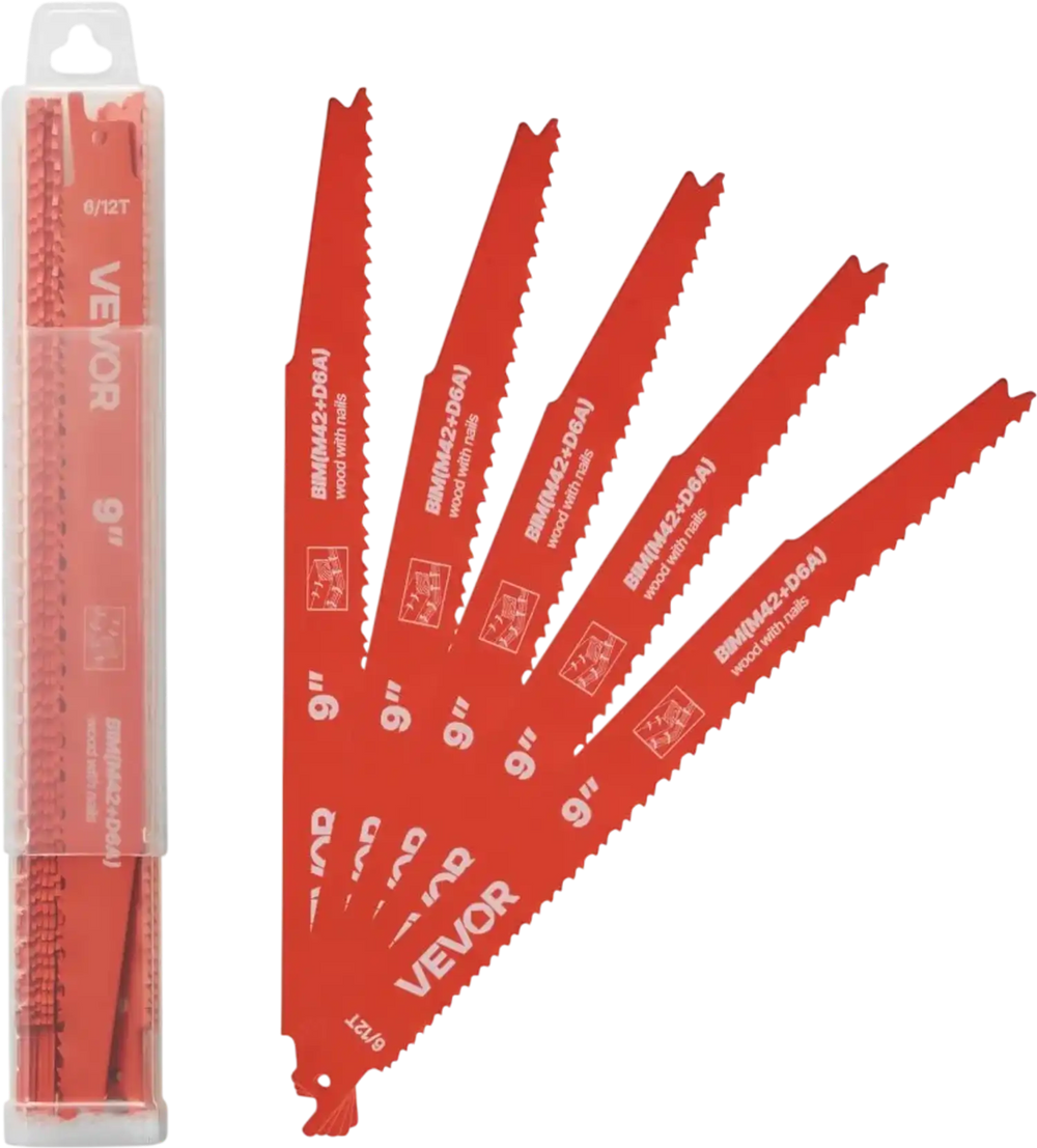 VEVOR Reciprocating Saw Blades, 25 Pack, 6/12 TPI Bi-Metal Reciprocating Saw Blade Set with Universal Shank, Sharp Teeth for Fast and Smooth Cuts, for Wood and Nail-Embedded Wood Demolition, Orange