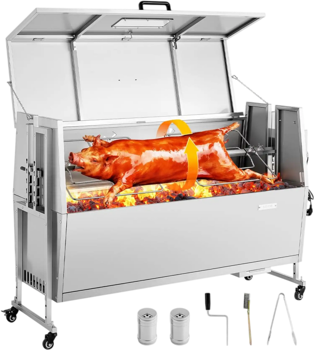 VEVOR Rotisserie Grill 38W BBQ Outdoor Pig & Lamb Spit Roaster, Charcoal Spit Roaster with 132 LBS Capacity, Wheels & 4-Level Height, Stainless Steel Electric Rotisserie Grill Kit for Camping Outdoor