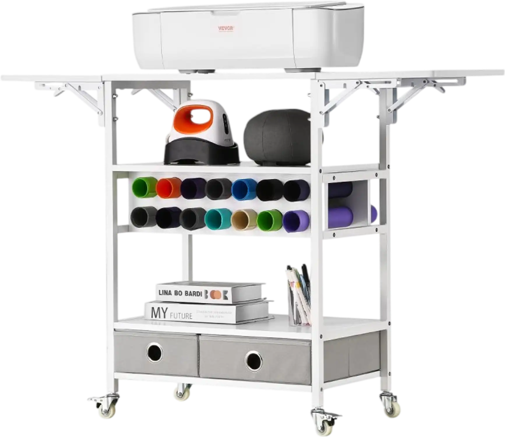 Vevor Craft Cart Rolling Storage Table with Foldable Sides and 14 Vinyl Roll Holders New