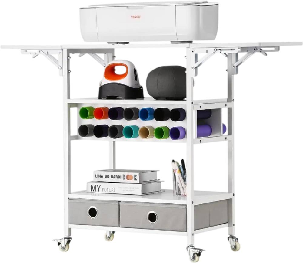 VEVOR Rolling Craft Cart and Storage Table, Compatible with Cricut Machines, Collapsible Cricut Table with Foldable Sides, Craft Rolling Storage Organizer with 14 Vinyl Roll Holders and 2 Drawers