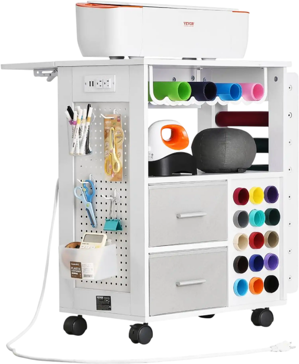 VEVOR Rolling Craft Cart and Storage Table, Compatible with Cricut Machines, Crafting Table Organization Workstation with 2 USB Ports and Outlets, 15 Vinyl Roll Holders and 2 Drawers, for Craft Room