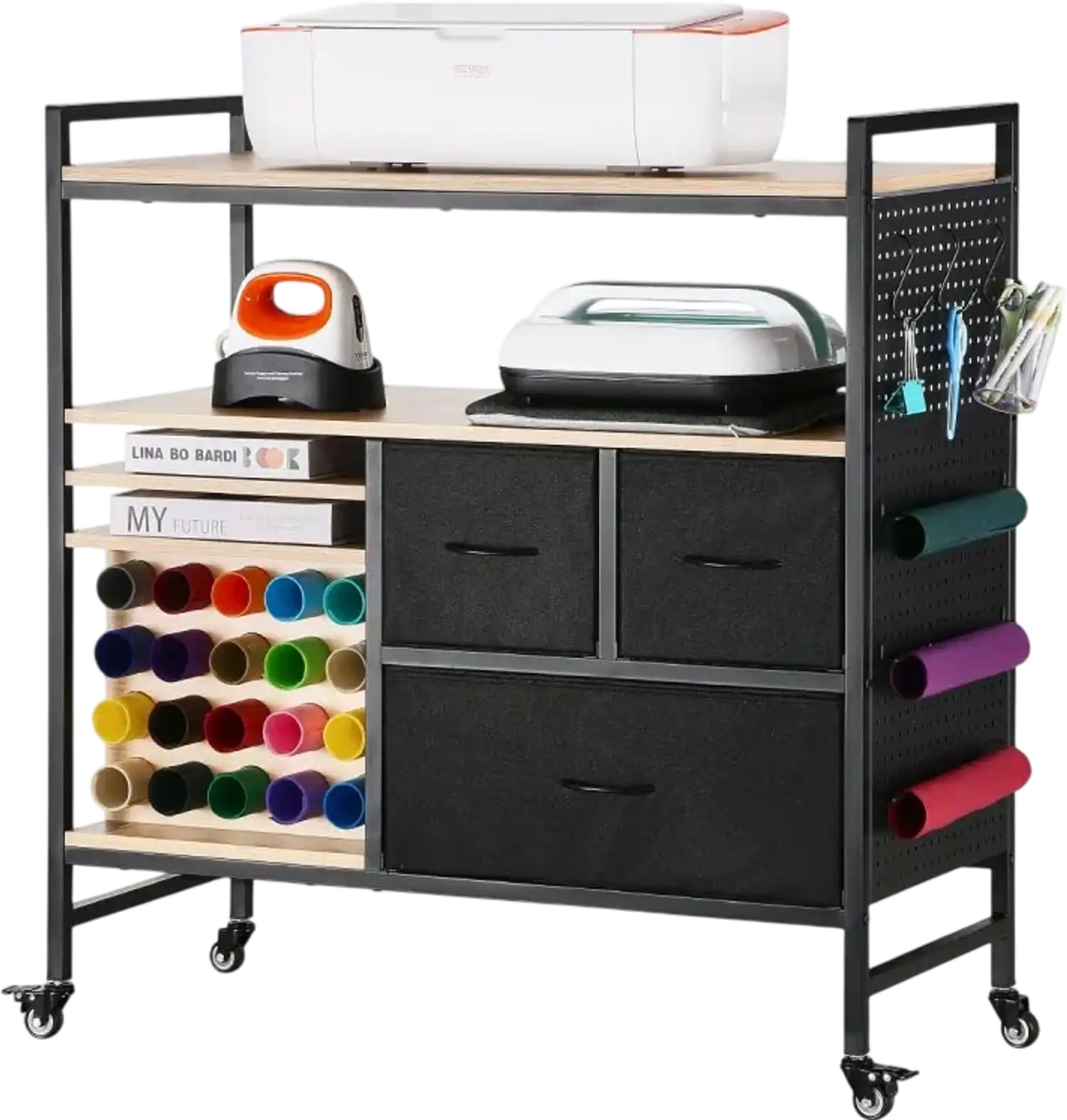 Vevor Craft Cart Rolling Storage Table with 20 Vinyl Roll Holders and 3 Drawers Black New
