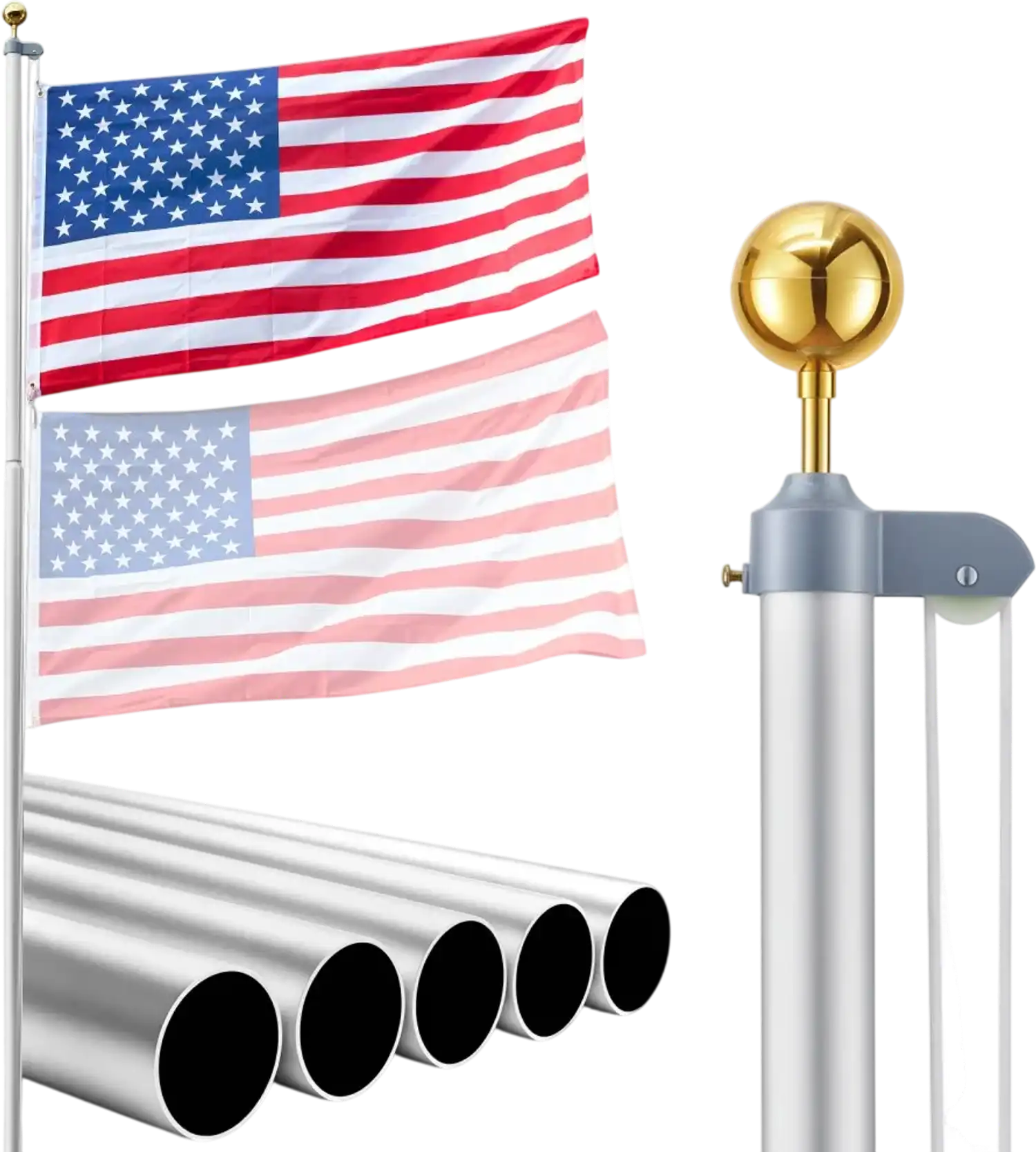 Vevor Flagpole Kit 20' Heavy Duty Sectional Outdoor Aluminum with 3' x 5' American Flag Silver New